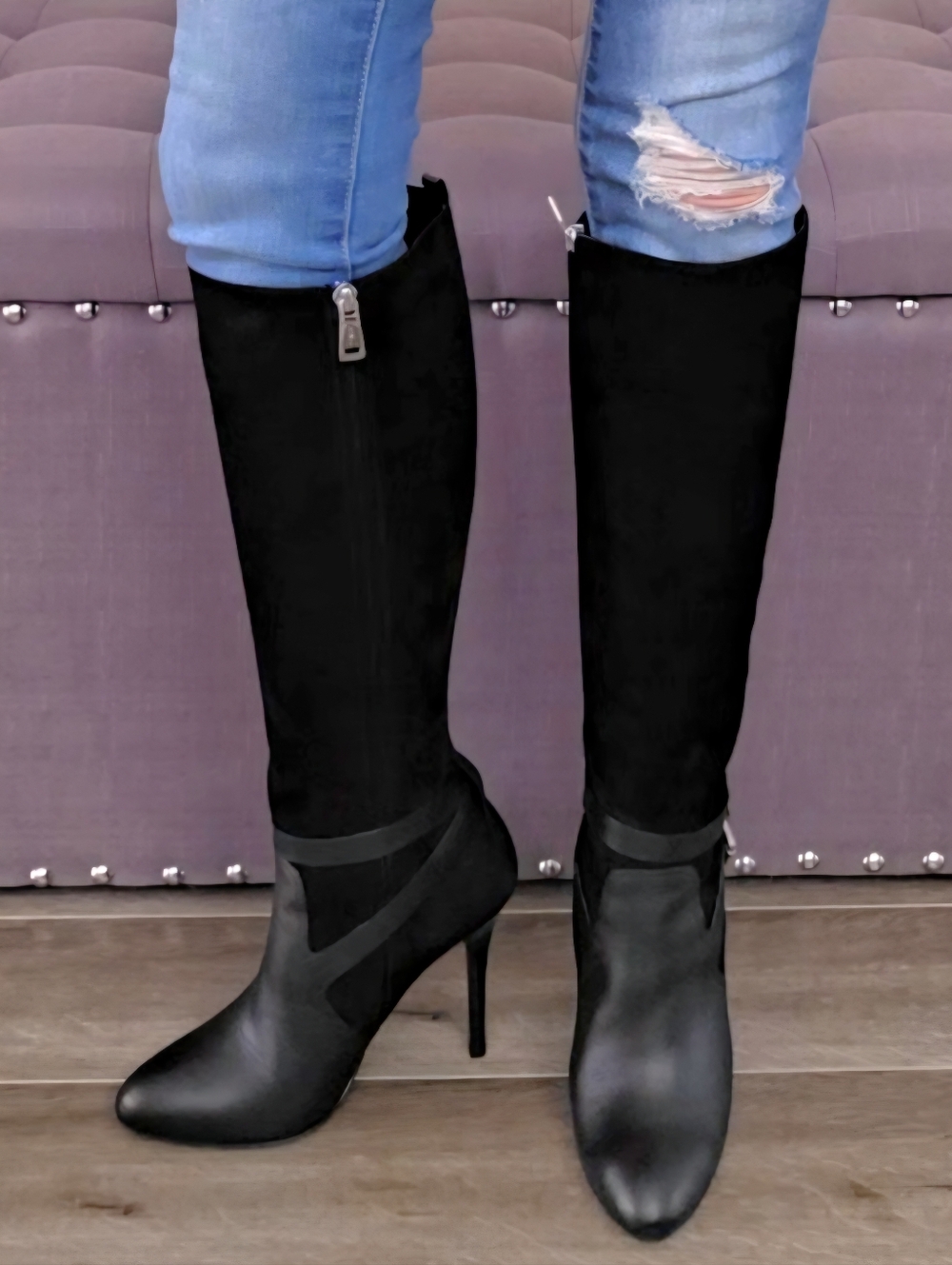 Ralph Lauren Black Leather & Suede Knee-High Stiletto Buckle Boots - Size US 8.5 - Picture 2 of 15